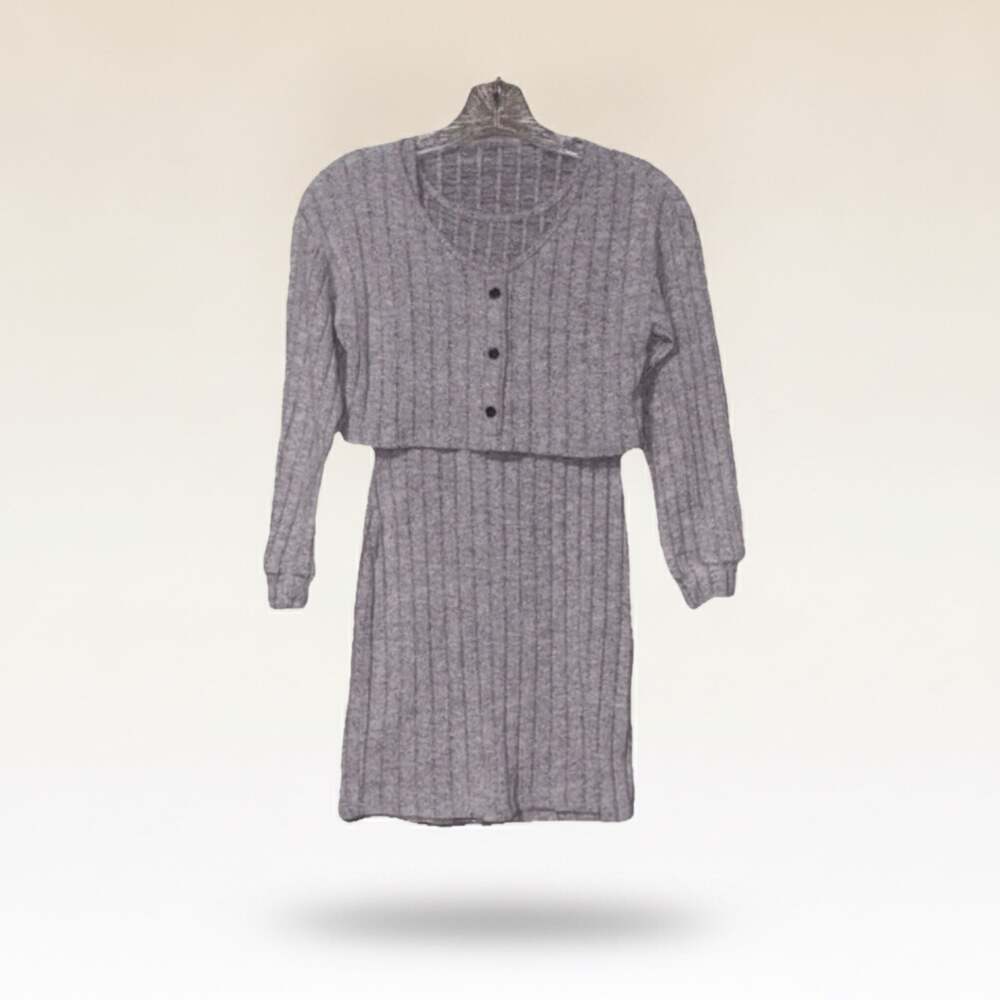 Girls SheIn Gray Knit 2 Piece Dress and Sweater Set, Button Accents, Size 8/9